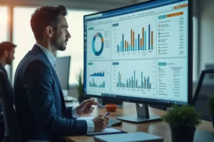 financial analyst reviewing business payment analytics dashboard