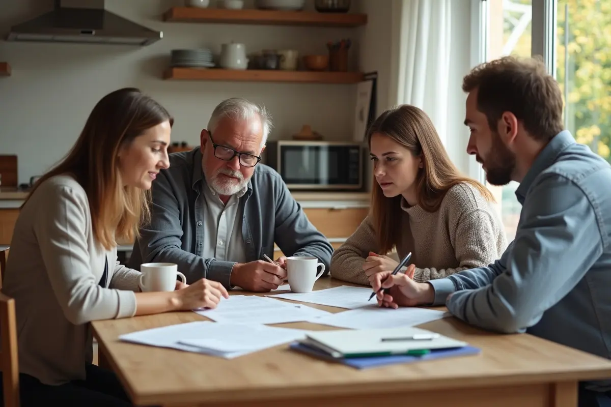 family discussing estate planning documents at kitchen table