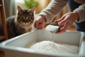 cat owner adding baking soda to litter box for odor control