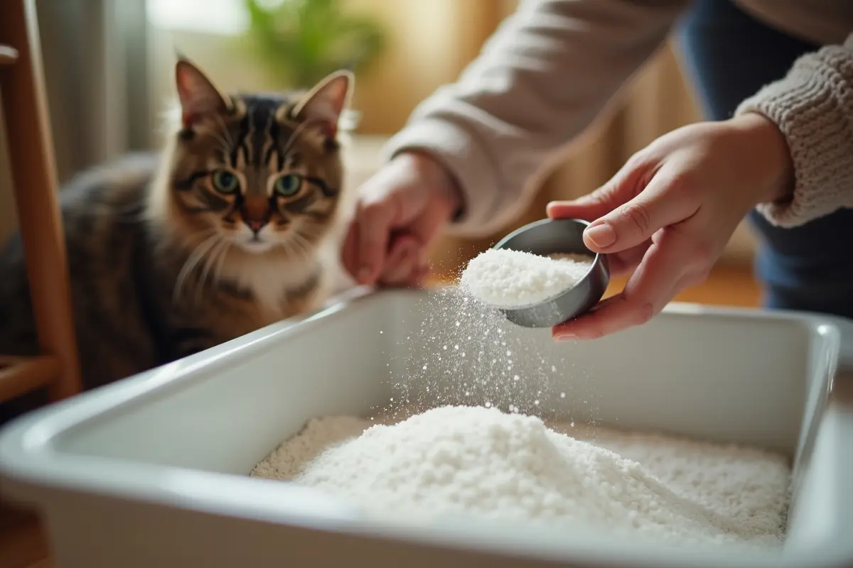 cat owner adding baking soda to litter box for odor control